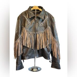 Leather King Brown Beaded Fringe Motorcycle Jacket  with Thinsulate, Mens Large